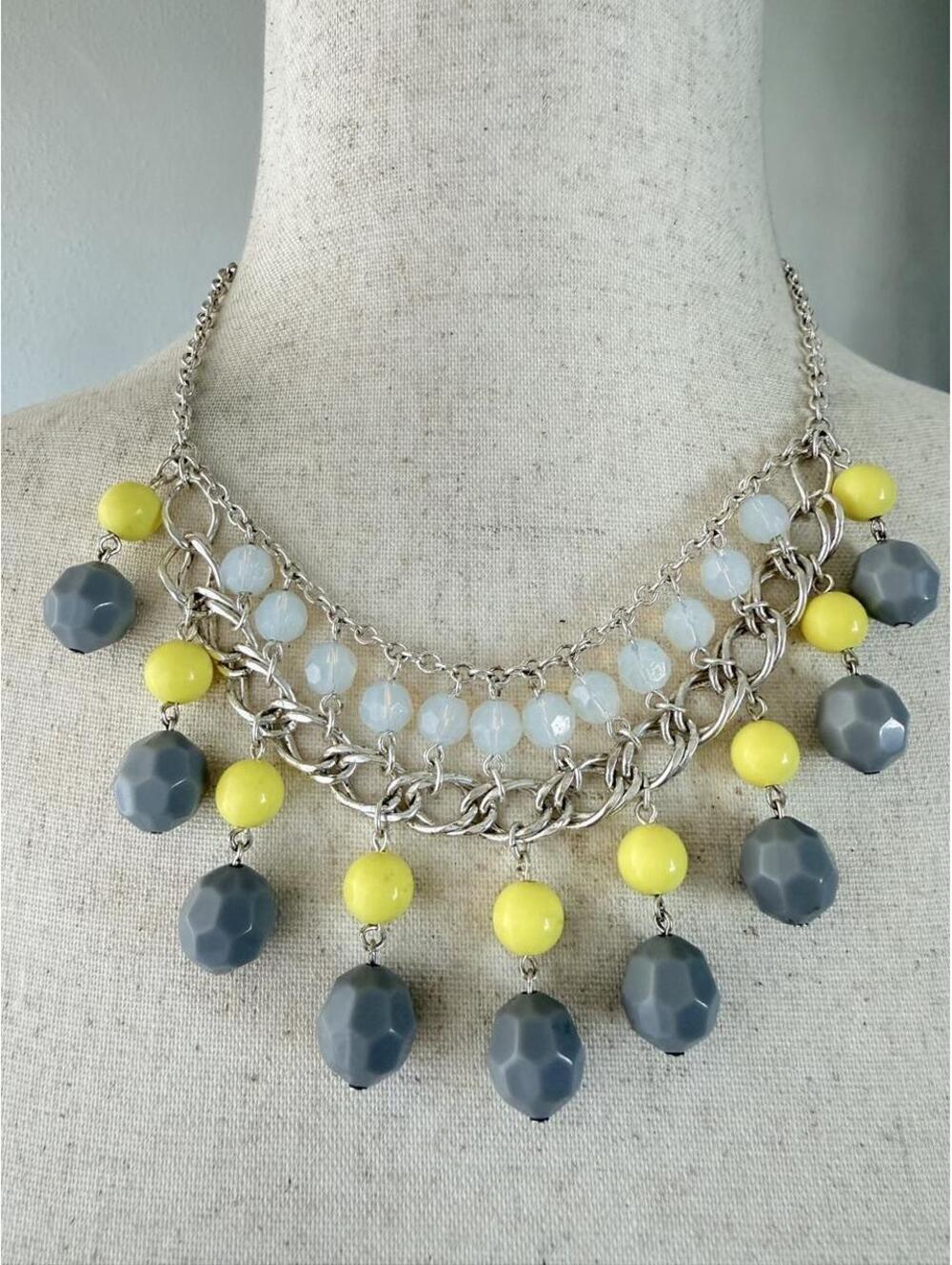 Gray Chartreuse Beaded Bib Statement Necklace
